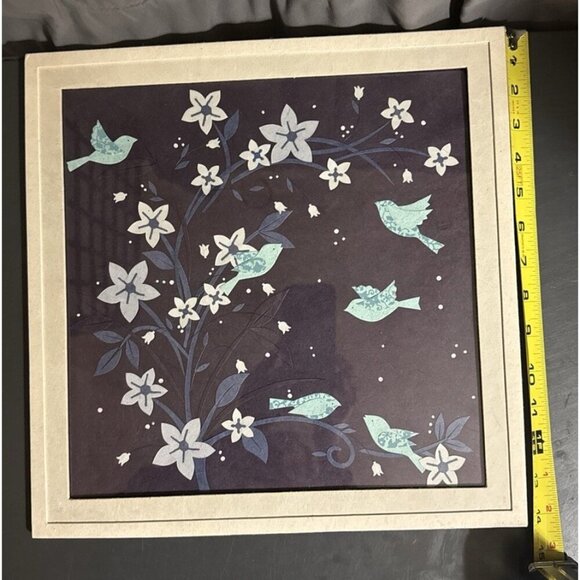 Vintage Chinese Jianzhi Paper Art Framed Bird Flowers Tree Leaves 14x6” Blue - Picture 1 of 16